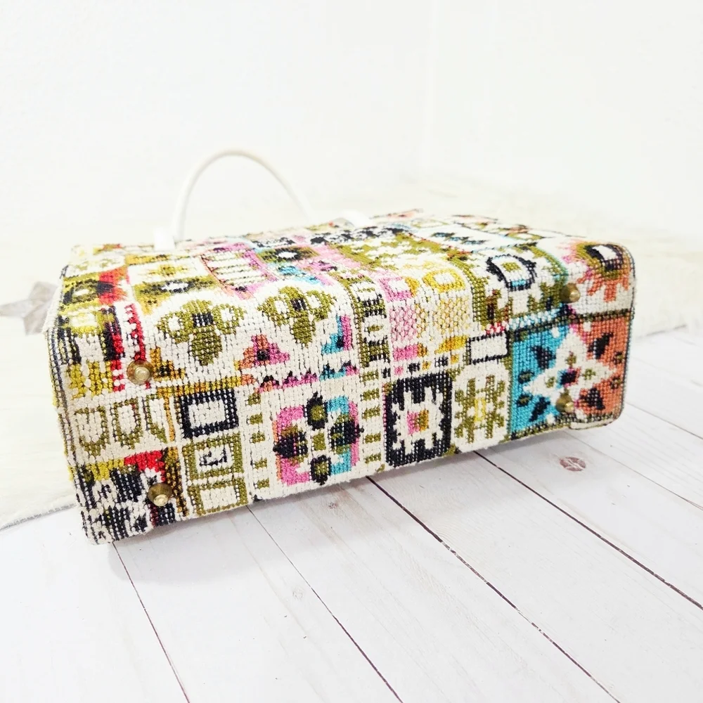Vintage Tapestry Satchel Bag Rainbow Geometric Boho White Leather Kisslock Frame